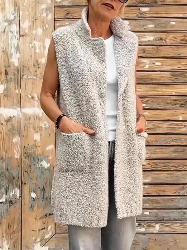 Women's Lapel Sleeveless Plush Cardigan Vest